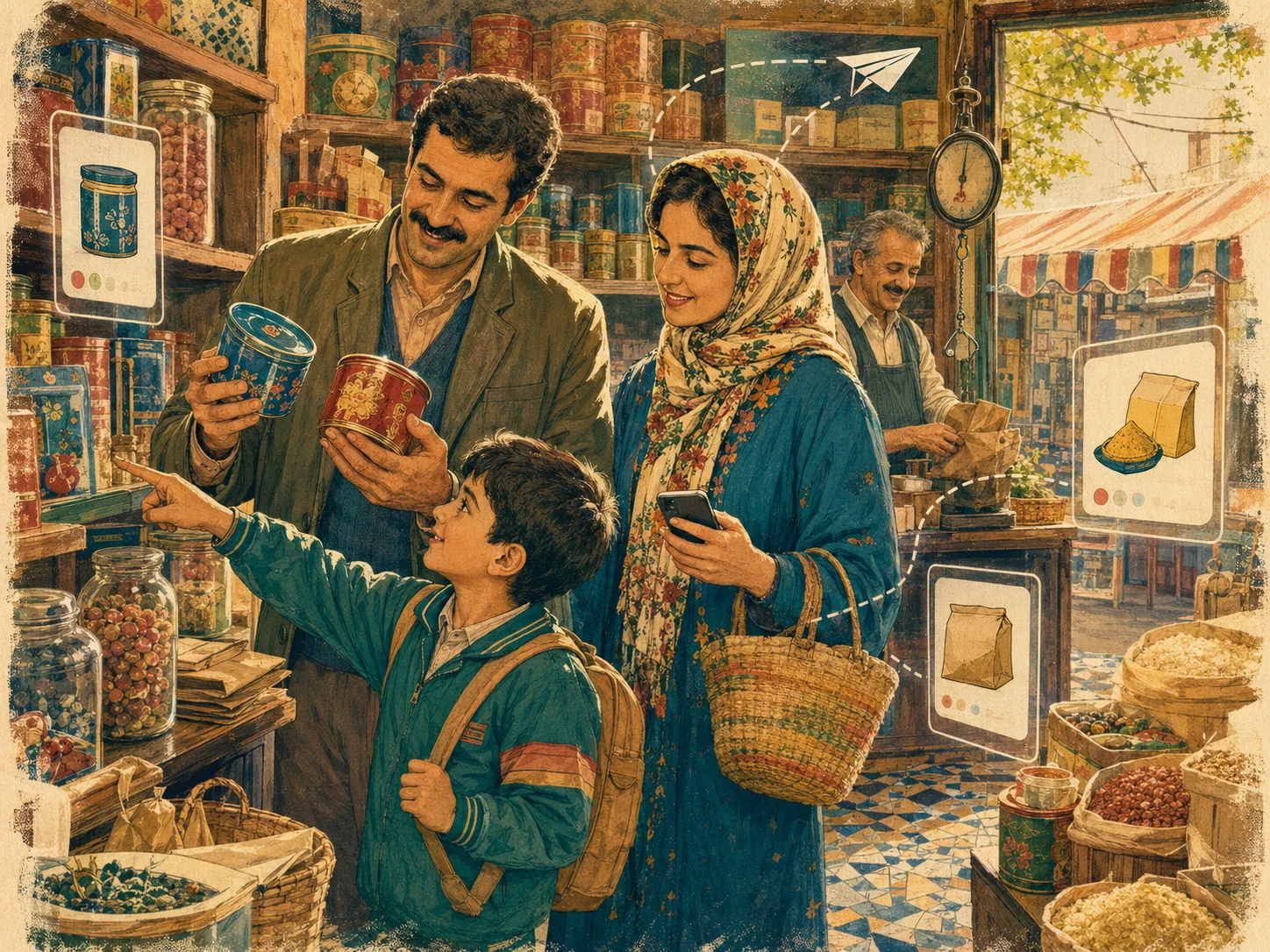 خانواده‌ای در حال انتخاب محصول در یک مغازه گرم و صمیمی